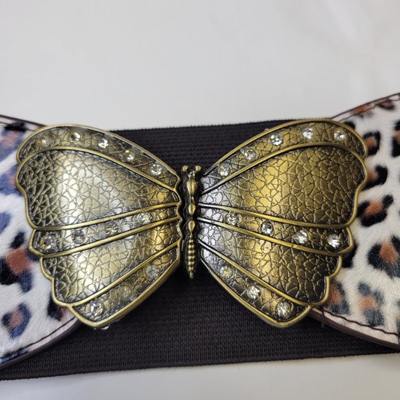 Butterfly Buckle Stretch Belt Animal Print Antique Gold Tone Buckle Brown Cream - Picture 6 of 16